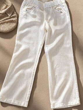 Bebe White 100% Linen Pants Stud Pocket Wide Leg Relaxed Fit Size Large